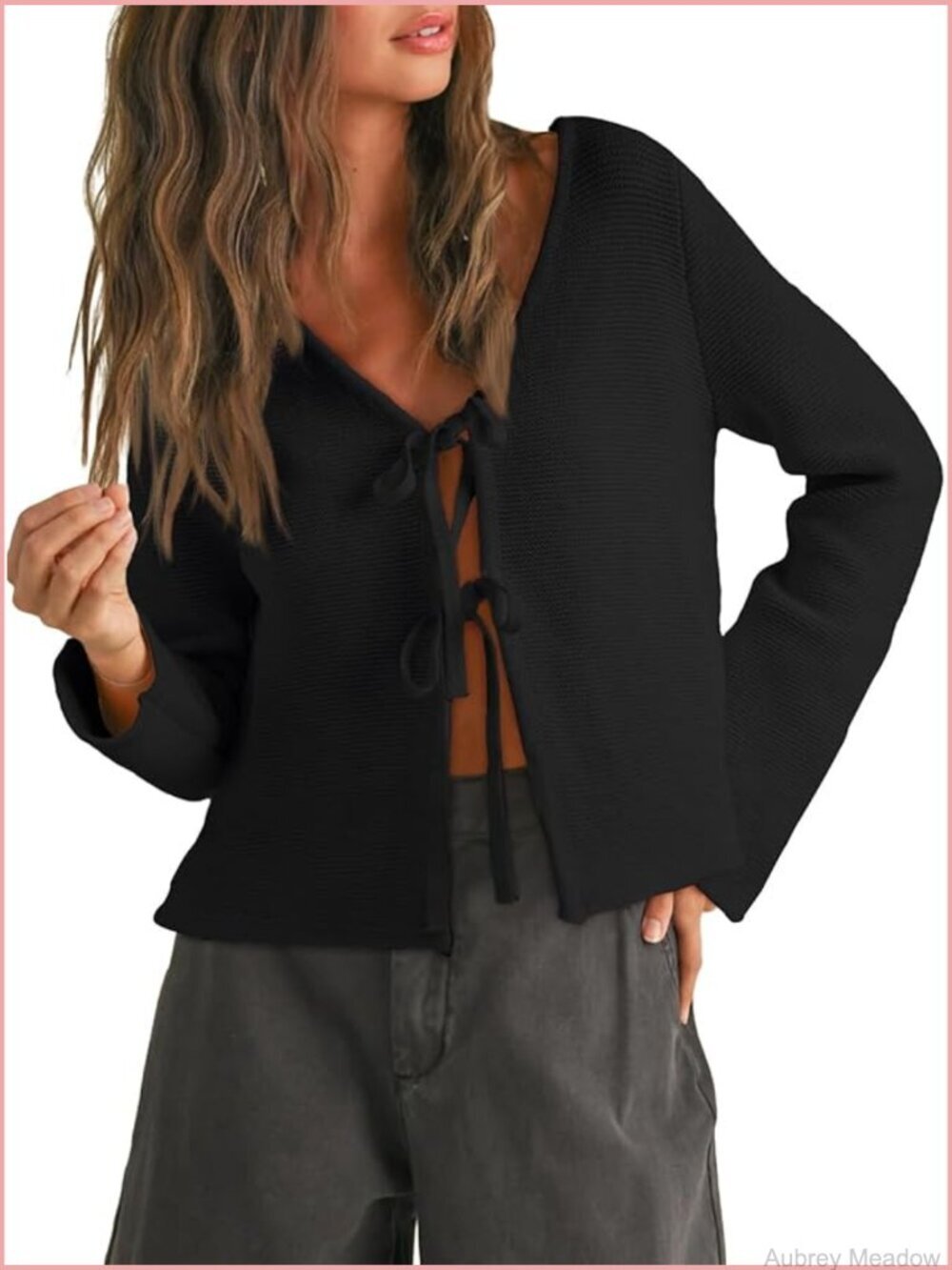 Tie Front Cropped Cardigan Sweater Fall Y2K Casual Crochet Cute Long Sleeve